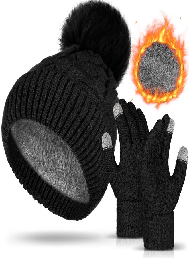 ShinyMatch Womens Winter Fleece Lined Knitted Beanie Hat Glove Set, Warm Pom Pom Beanie Knit Cap Touchscreen Gloves for Women(Black) - Image 1